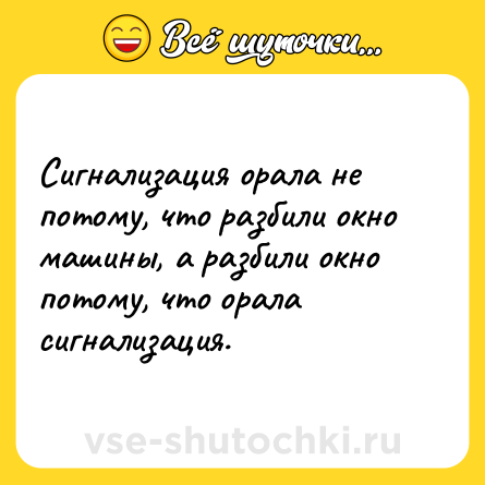 Шутка: Сигнализация орала не потому, что разбили окно машины, а разбили окно потому, что орала сигнализация.