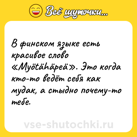 Шутка: В финском языке есть красивое слово «Myötähäpeä». Это когда кто-то ведёт себя как мудак, а стыдно почему-то тебе.