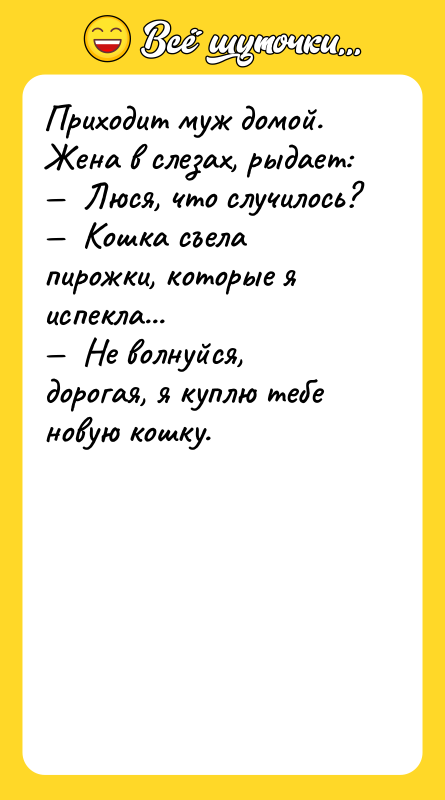 Приходит муж домой. Жена в слезах, рыдает: Люся,