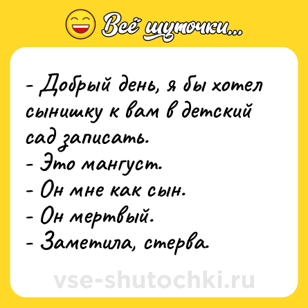 Шутка: - Добрый день, я бы хотел сынишку к вам в детский сад записать.<br>- Это мангуст. <br>- Он мне как сын.<br>- Он мертвый.<br>- Заметила, стерва.