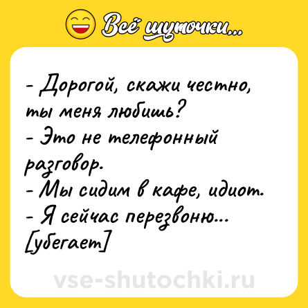 Шутка: - Дорогой, скажи честно, ты меня любишь?<br>- Это не телефонный разговор.<br>- Мы сидим в кафе, идиот.<br>- Я сейчас перезвоню... [убегает]