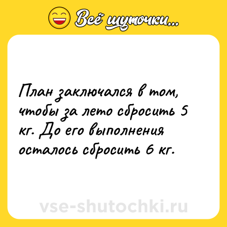 Шутка: План заключался в том, чтобы за лето сбросить 5 кг. До его выполнения осталось сбросить 6 кг.