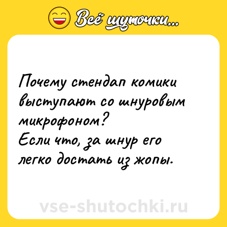 Шутка: Почему стендап комики выступают со шнуровым микрофоном?<br>Если что, за шнур его легко достать из жопы.