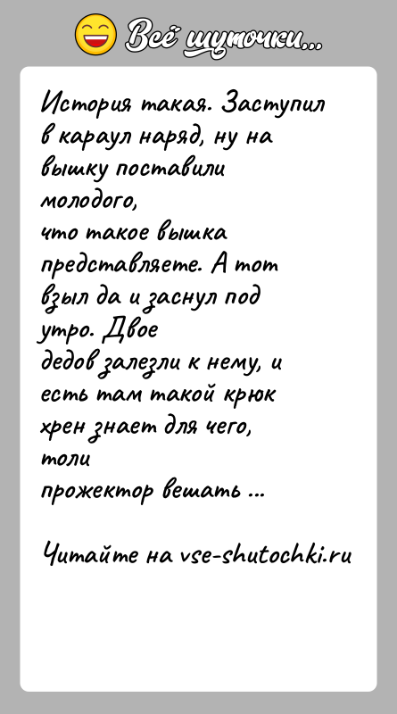 История: История такая. Заступил в караул наряд, ну на вышку поставили молодого,что такое вышка представляете. А тот взыл да и заснул