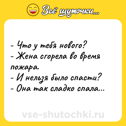 Шутка: - Что у тебя нового?<br>- Жена сгорела во время пожара.<br>- И нельзя было спасти?<br>- Она так сладко спала…