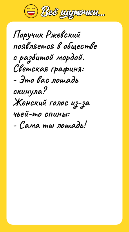 Поручик Ржевский появляется в обществе с разбитой мордой. Светская графиня: