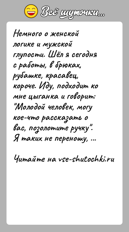 История: Немного о женской логике и мужской глупости. Шёл я сегодня с работы, в брюках, рубашке, красавец, короче. Иду, подходит ко