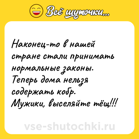 Шутка: Наконец-то в нашей стране стали принимать нормальные законы.<br>Теперь дома нельзя содержать кобр.<br>Мужики, выселяйте тёщ!!!