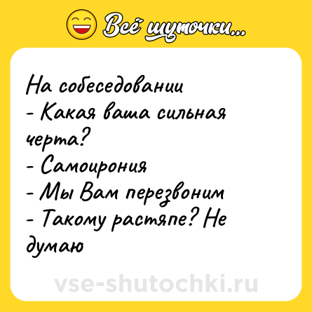 Шутка: На собеседовании  <br>- Какая ваша сильная черта? <br>- Самоирония <br>- Мы Вам перезвоним <br>- Такому растяпе? Не думаю