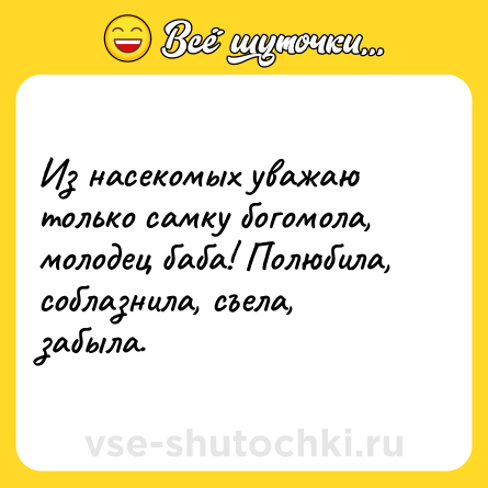 Шутка: Из насекомых уважаю только самку богомола, молодец баба! Полюбила, соблазнила, съела, забыла.