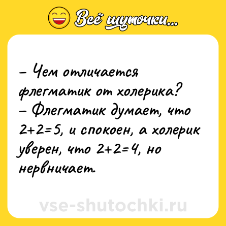 Шутка: – Чем отличается флегматик от холерика? <br>– Флегматик думает, что 2+2=5, и спокоен, а холерик уверен, что 2+2=4, но нервничает.