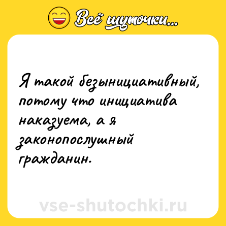 Шутка: Я такой безынициативный, потому что инициатива наказуема, а я законопослушный гражданин.