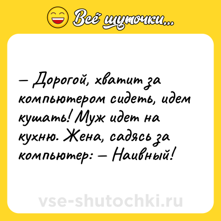 Шутка: — Дорогой, хватит за компьютером сидеть, идем кушать! Муж идет на кухню. Жена, садясь за компьютер: — Наивный!
