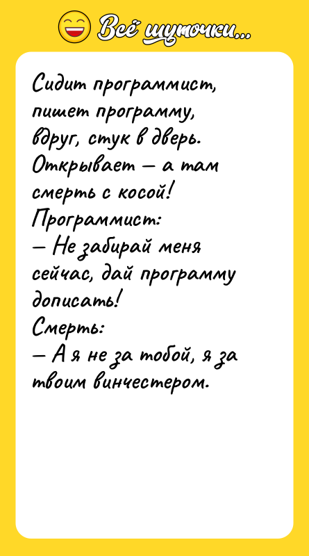 Сидит программист, пишет программу, вдруг, стук в дверь. Открывает —