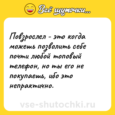 Шутка: Повзрослел - это когда можешь позволить себе почти любой топовый телефон, но ты его не покупаешь, ибо это непрактично.