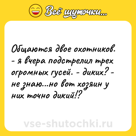 Шутка: Общаются двое охотников. - я вчера подстрелил трех огромных гусей. - диких? - не знаю...но вот хозяин у них точно дикий!?