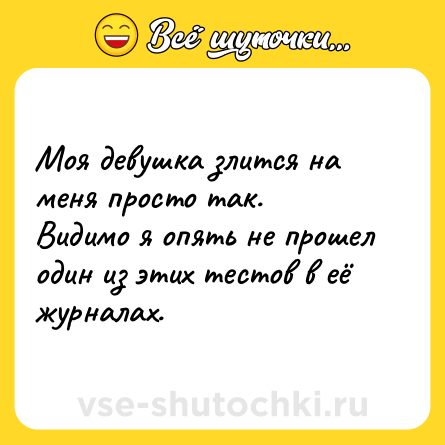 Шутка: Моя девушка злится на меня просто так. <br>Видимо я опять не прошел один из этих тестов в её журналах.