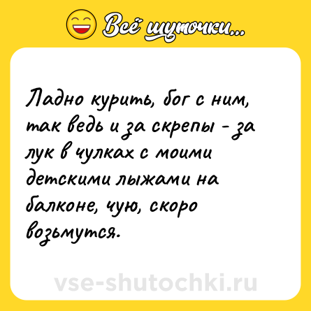 Шутка: Ладно курить, бог с ним, так ведь и за скрепы - за лук в чулках с моими детскими лыжами на балконе, чую, скоро возьмутся.
