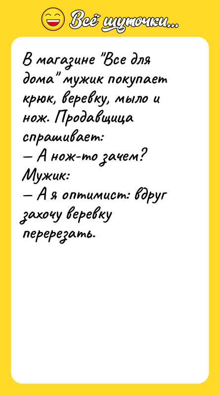 В магазине "Все для дома" мужик покупает крюк, веревку, мыло