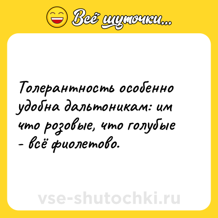 Шутка: Толерантность особенно удобна дальтоникам: им что розовые, что голубые - всё фиолетово.