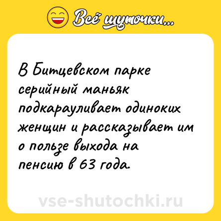 Шутка: В Битцевском парке серийный маньяк подкарауливает одиноких женщин и рассказывает им о пользе выхода на  пенсию в 63 года.