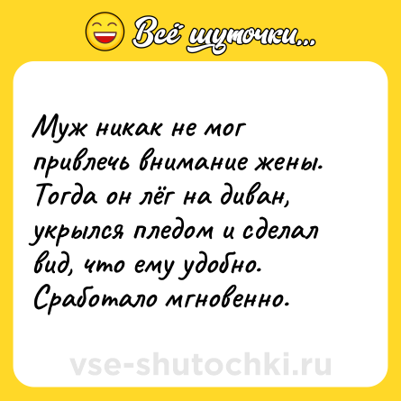 Шутка: Муж никак не мог привлечь внимание жены. Тогда он лёг на диван, укрылся пледом и сделал вид, что ему удобно.Сработало мгновенно.