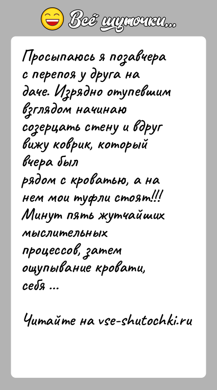 История: Просыпаюсь я позавчера с перепоя у друга на даче. Изрядно отупевшимвзглядом начинаю созерцать стену и вдруг вижу коврик, который вчера
