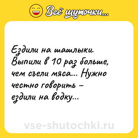 Шутка: Ездили на шашлыки. Выпили в 10 раз больше, чем съели мяса… Нужно честно говорить – ездили на водку…