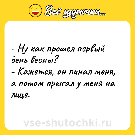Шутка: - Ну как прошел первый день весны? <br>- Кажется, он пинал меня, а потом прыгал у меня на лице.