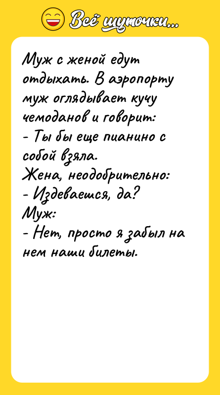 Муж с женой едут отдыхать. В аэропорту муж оглядывает кучу