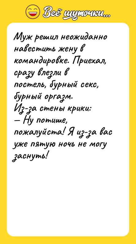 Муж решил неожиданно навестить жену в командировке. Приехал, сразу влезли