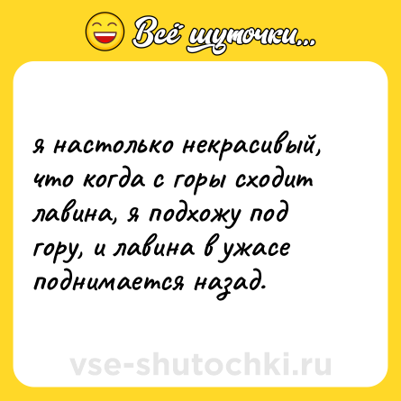 Шутка: я настолько некрасивый, что когда с горы сходит лавина, я подхожу под гору, и лавина в ужасе поднимается назад.