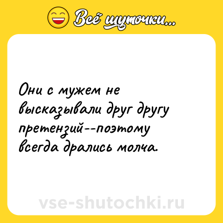 Шутка: Они с мужем не высказывали друг другу претензий--поэтому всегда дрались молча.