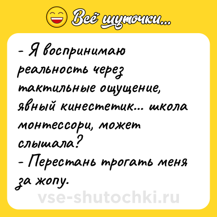 Шутка: - Я воспринимаю реальность через тактильные ощущение, явный кинестетик... школа монтессори, может слышала?<br>- Перестань трогать меня за жопу.