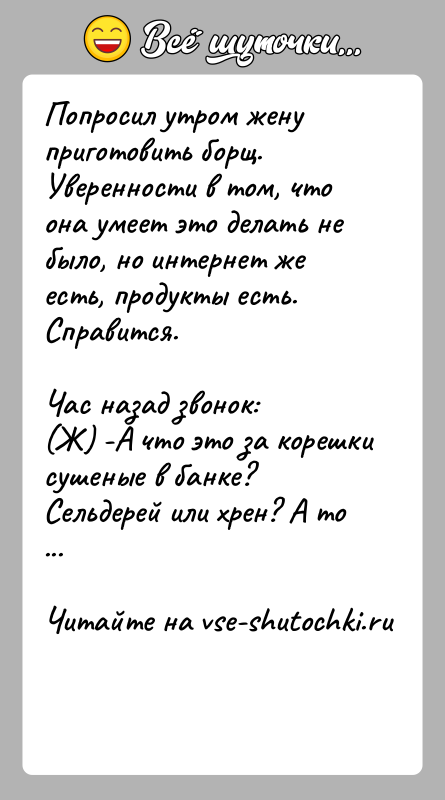 История: Попросил утром жену приготовить борщ. Уверенности в том, что она умеет это делать не было, но интернет же есть, продукты