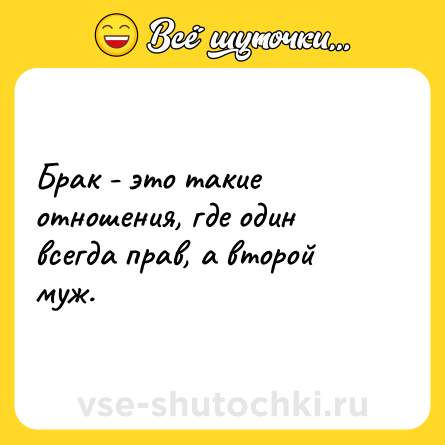 Шутка: Брак - это такие отношения, где один всегда прав, а второй муж.