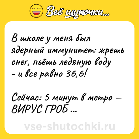 Шутка: В школе у меня был ядерный иммунитет: жрешь снег, пьёшь ледяную воду - и все равно 36,6! <br><br>Сейчас: 5 минут в метро — ВИРУС ГРОБ ПАНИХИДА