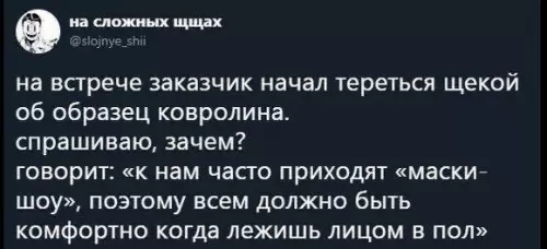 Заказчик — уровень Бог! 😂 - на встрече заказчик начал тереться щекой об образец ковролина. спрашиваю,
