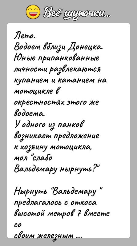История: Лето.Водоем вблизи Донецка.Юные припанкованные личности развлекаются купанием и катанием намотоцикле в окрестностях этого же водоема.У одного из панков возникает предложение