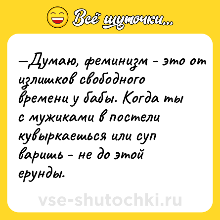 Шутка: —Думаю, феминизм - это от излишков свободного времени у бабы. Когда ты с мужиками в постели кувыркаешься или суп варишь - не до этой ерунды.
