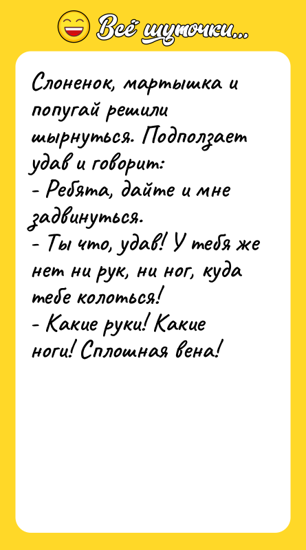 Слоненок, мартышка и попугай решили шырнуться. Подползает удав и говорит: