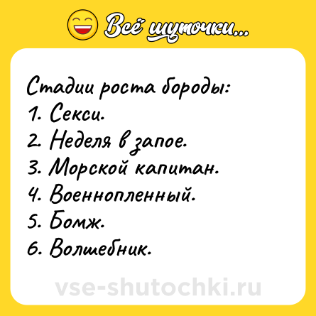 Шутка: Стадии роста бороды:<br>1. Секси.<br>2. Неделя в запое.<br>3. Морской капитан.<br>4. Военнопленный.<br>5. Бомж.<br>6. Волшебник.