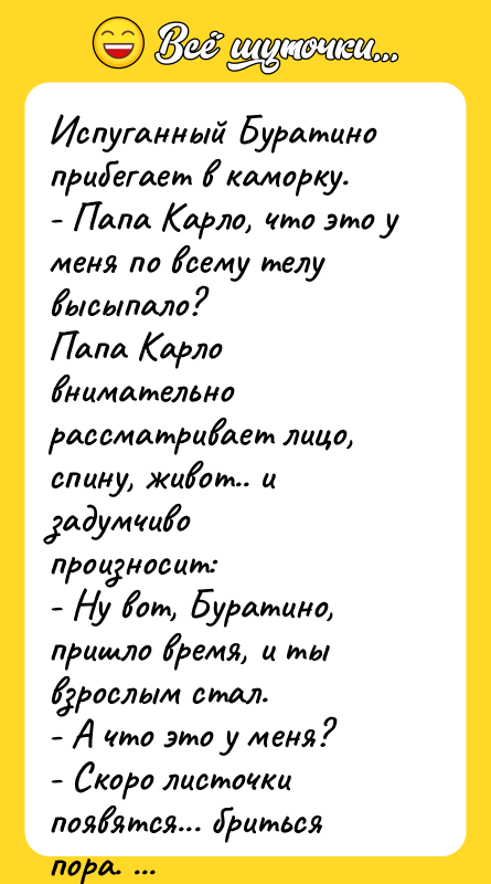 Испуганный Буратино прибегает в каморку.  - Папа Карло, что