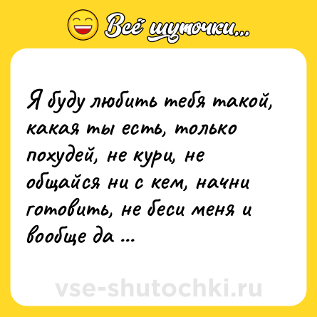 Шутка: Я буду любить тебя такой, какая ты есть, только похудей, не кури, не общайся ни с кем, начни готовить, не беси меня и вообще да пошла ты.