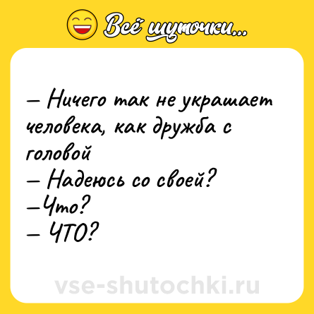 Шутка: — Ничего так не украшает человека, как дружба с головой <br>— Надеюсь со своей? <br>—Что? <br>— ЧТО?