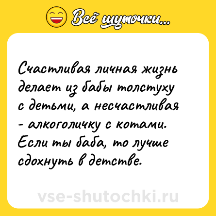 Шутка: Счастливая личная жизнь делает из бабы толстуху с детьми, а несчастливая - алкоголичку с котами. Если ты баба, то лучше сдохнуть в детстве.