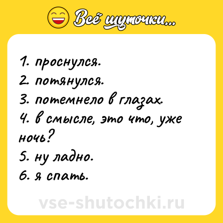 Шутка: 1. проснулся. <br>2. потянулся. <br>3. потемнело в глазах. <br>4. в смысле, это что, уже ночь? <br>5. ну ладно. <br>6. я спать.