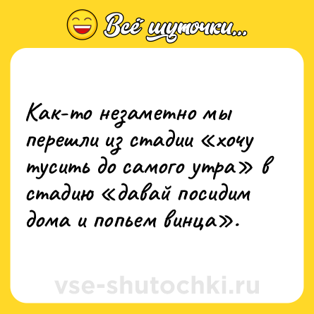 Шутка: Как-то незаметно мы перешли из стадии «хочу тусить до самого утра» в стадию «давай посидим дома и попьем винца».
