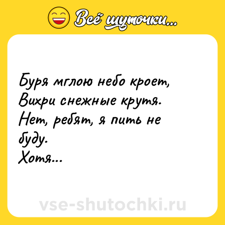 Шутка: Буря мглою небо кроет,  <br>Вихри снежные крутя. <br>Нет, ребят, я пить не буду. <br>Хотя...