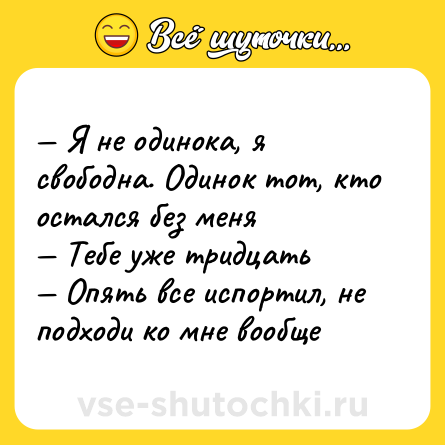 Шутка: — Я не одинока, я свободна. Одинок тот, кто остался без меня <br>— Тебе уже тридцать <br>— Опять все испортил, не подходи ко мне вообще